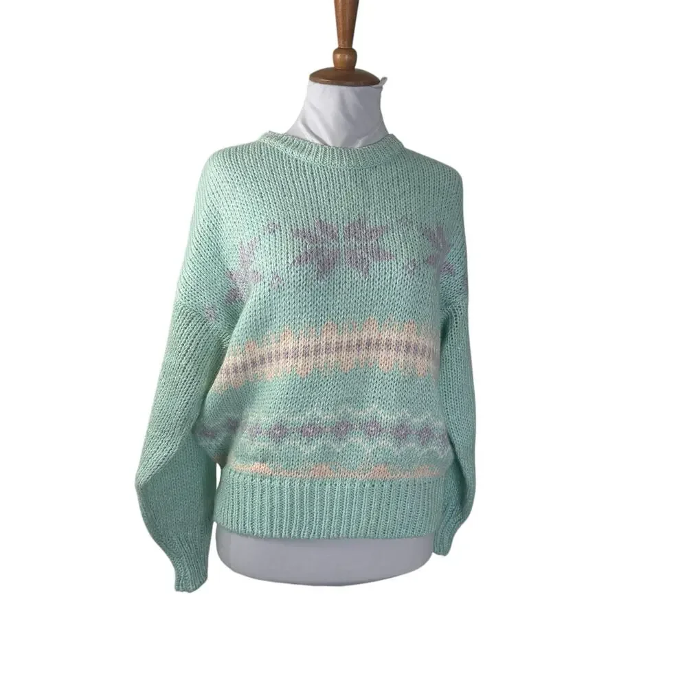Vintage 80s Mint Green Pastel Knit Sweater Soft Cozy Retro M/L